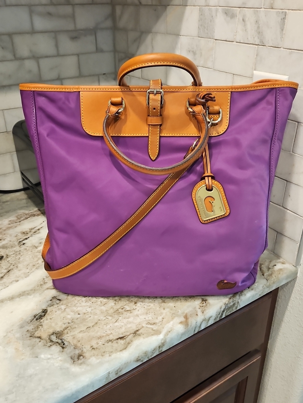 Dooney & Bourke Purple Nylon Tote with Tan Leather Trim and Strap